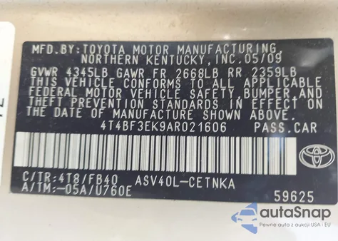 2010 Toyota Camry Le z USA, uszkodzony, nr VIN 4T4BF3EK9AR021606